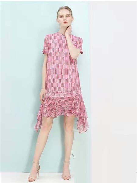 广汇佳女装2022春夏季粉色连衣裙