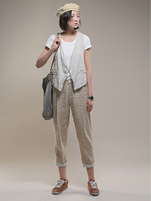 小愚女装2022春夏季米色九分裤