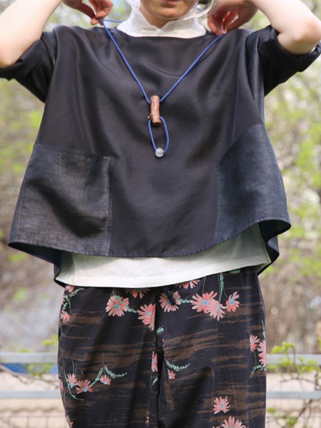 布言布语女装2022春夏季黑色T恤