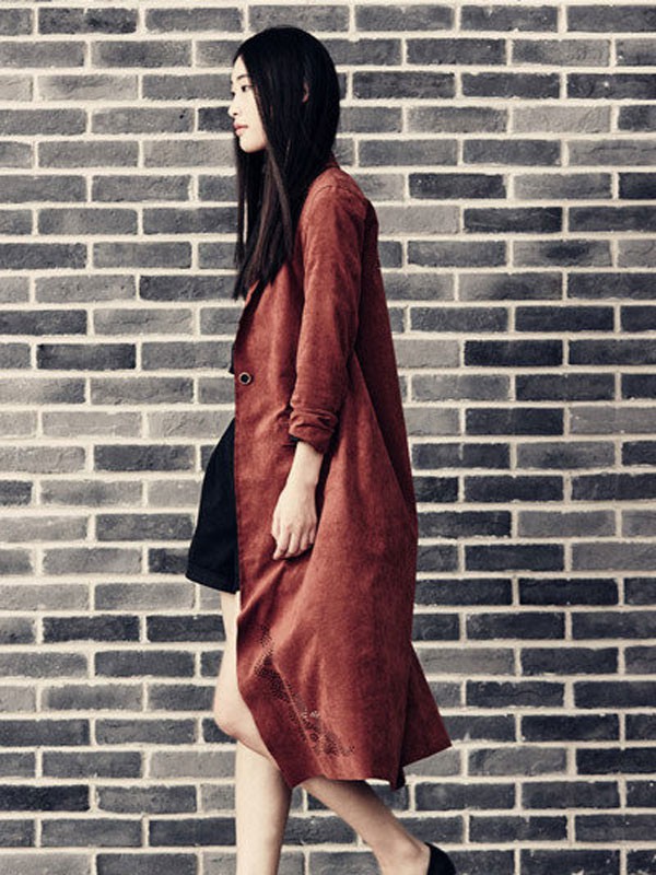 故然女装2021秋冬季酒红色风衣