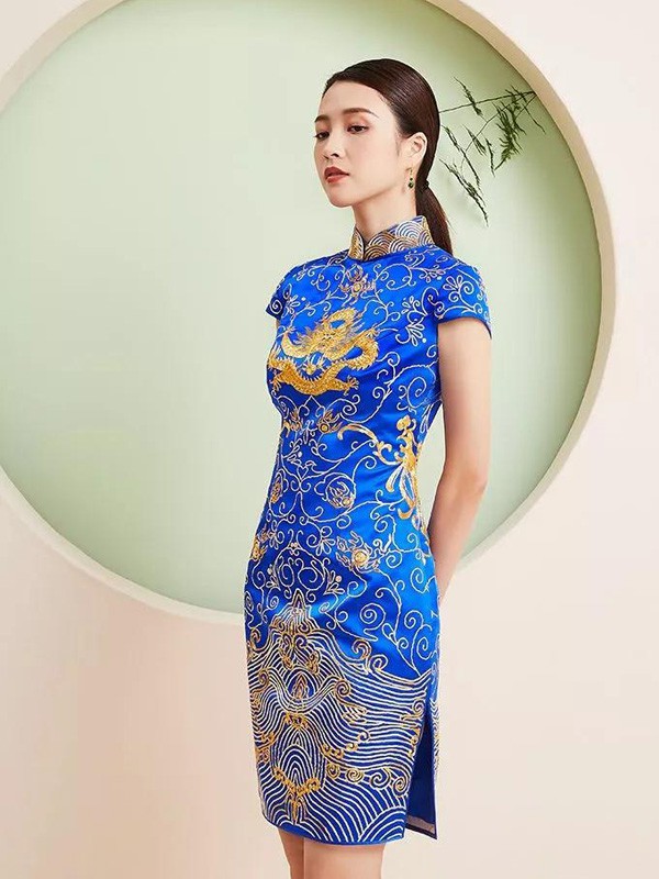 巴蒂米澜男装2022春夏季蓝色旗袍