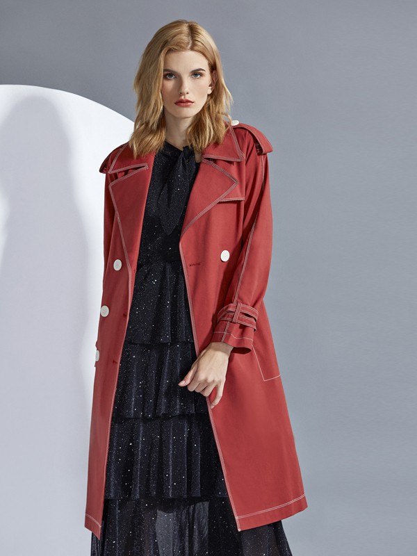 ENDEAR女装2021秋冬季红色风衣