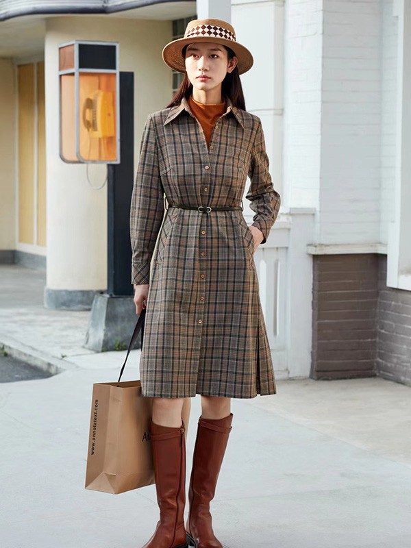 注释ANNOTATE女装2022秋冬季棕色衬衫裙