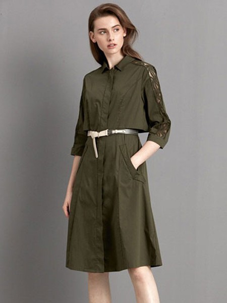 E女装2021秋冬季军绿色衬衫裙