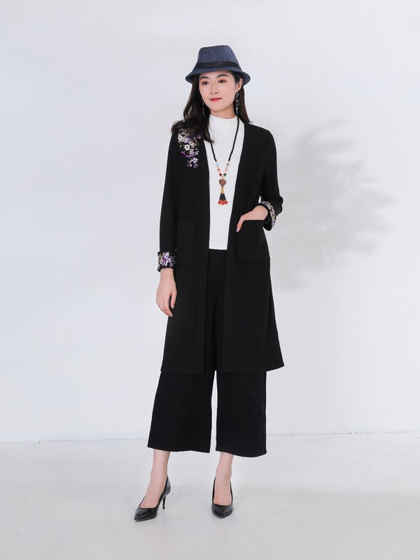 千唐绣女装2021秋冬季黑色阔腿裤