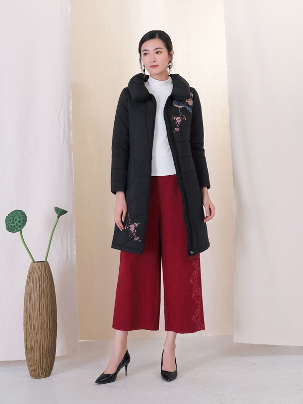 千唐绣女装2021秋冬季酒红色阔腿裤