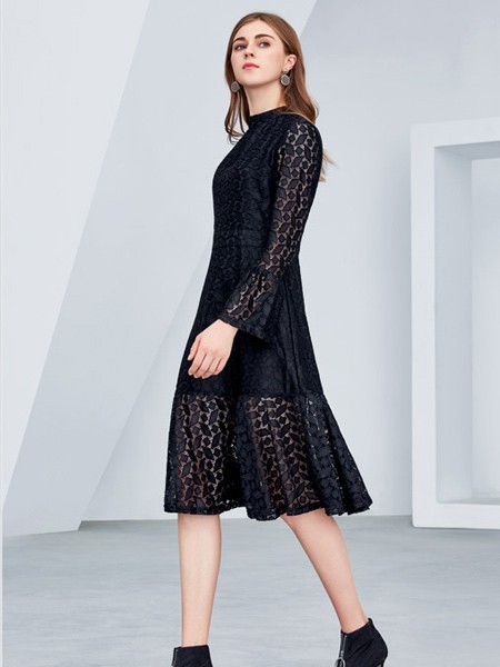 欧米媞女装2021秋冬季黑色连衣裙