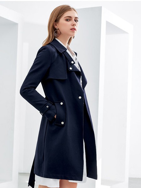 欧米媞女装2021秋冬季蓝色风衣