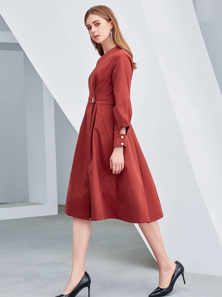 欧米媞女装2021秋冬季粉色衬衫裙