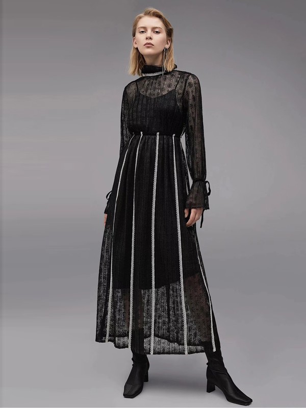 Ou.allin欧引女装2022春夏季黑色连衣裙