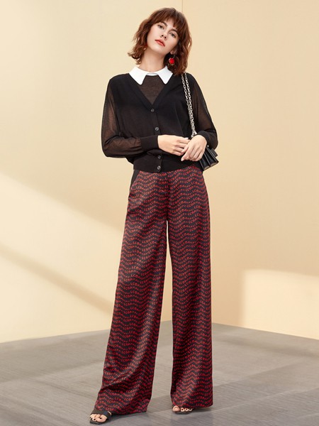朗蔻女装2022春夏季酒红色阔腿裤