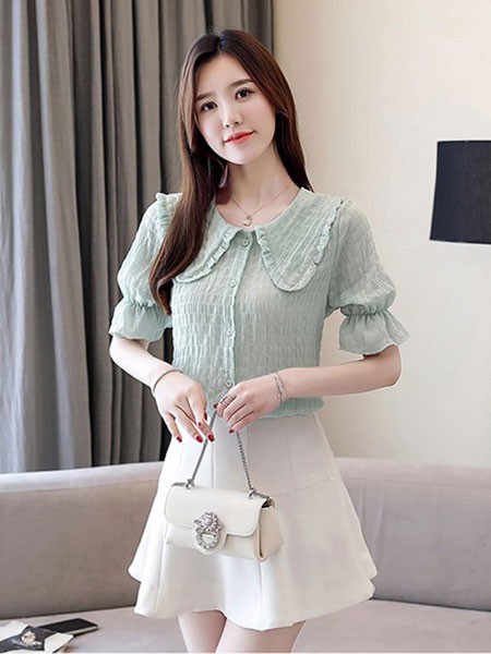 新一檬女装2022春夏季绿色衬衫