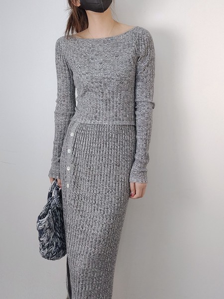 开希米娜女装2022秋冬季灰色毛衣裙
