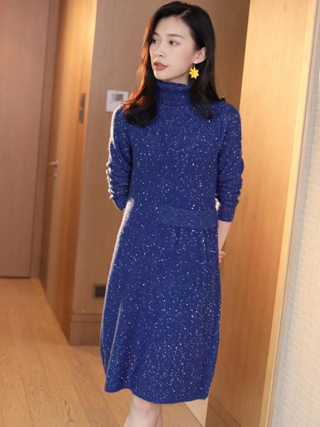 开希米娜女装2022秋冬季藏蓝色毛衣裙