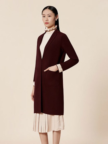 安泽雨女装2021秋冬季酒红色大衣