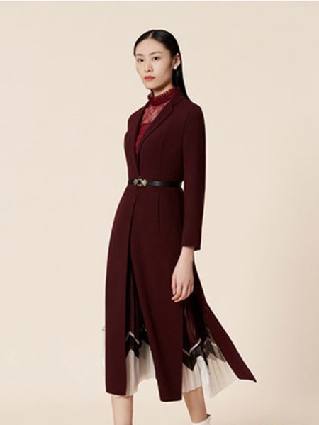 安泽雨女装2021秋冬季酒红色大衣