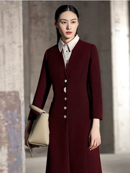 安泽雨女装2021秋冬季酒红色大衣