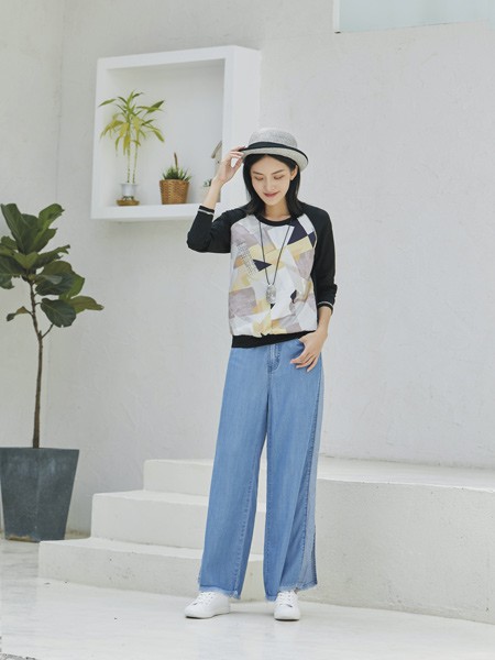 菁萝依梦女装2022春夏季蓝色阔腿裤