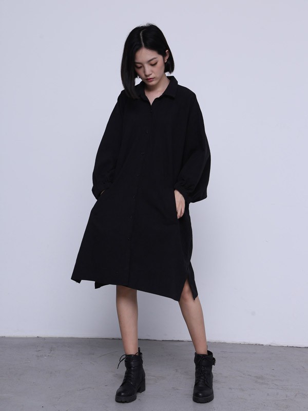 兮耳布衣女装2022春夏季黑色衬衫裙