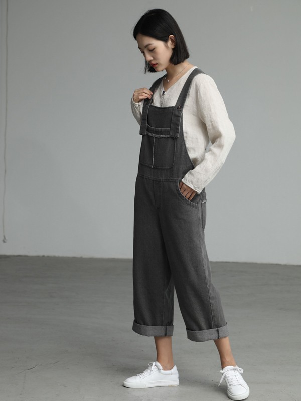 兮耳布衣女装2022春夏季黑色背带裤