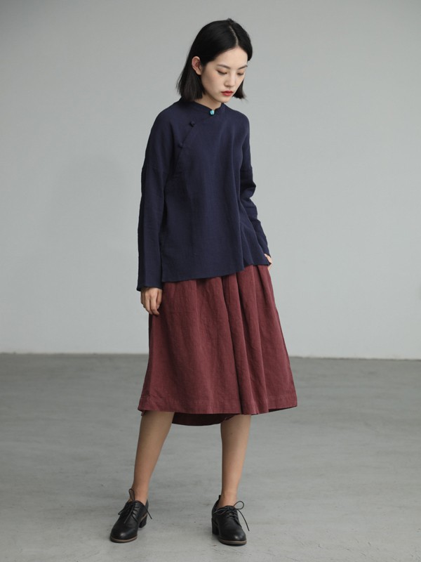 兮耳布衣女装2022春夏季酒红色半身裙