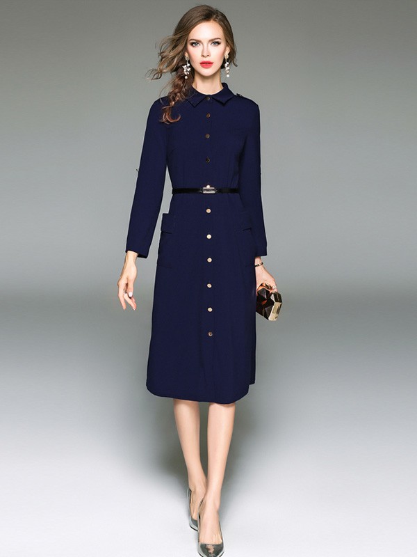 米女文女装2022春夏季藏蓝色连衣裙