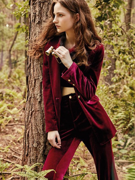 妍帛女装2022秋冬季酒红色西装