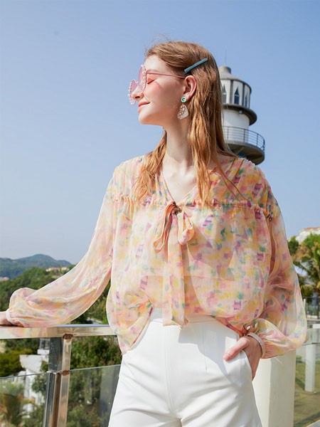 淡蔻2022春夏季橙色雪纺衫