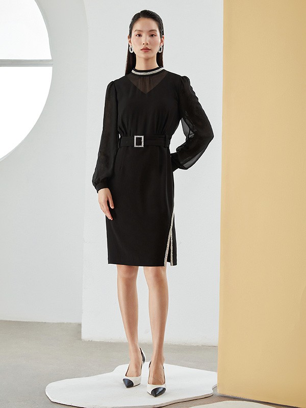 佳纷时尚馆女装2022秋冬季黑色连衣裙