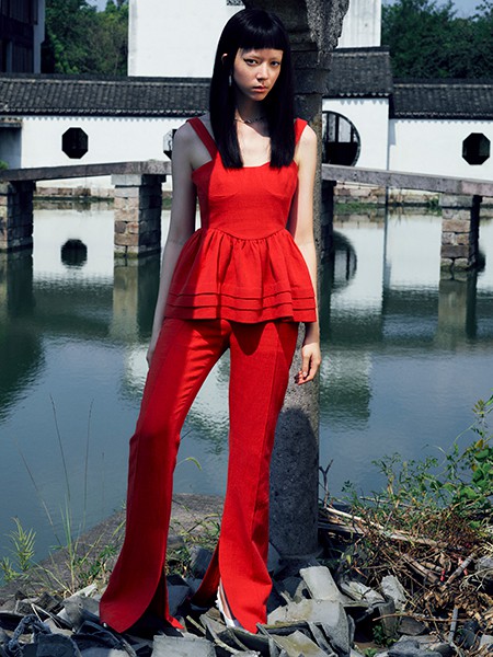 WIWH女装2022春夏季红色长裤