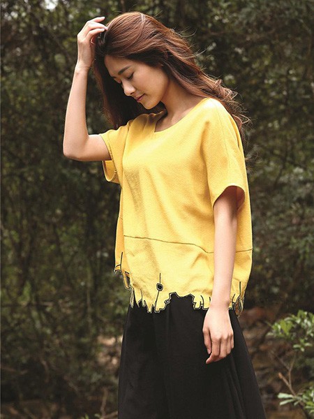 天开悟语女装2022春夏季黄色T恤