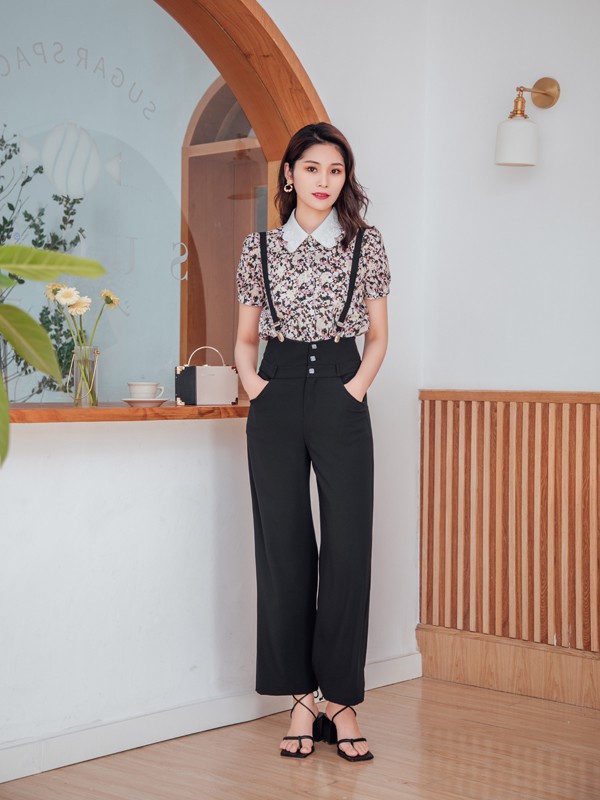 莎融女装2022春夏季黑色背带裤