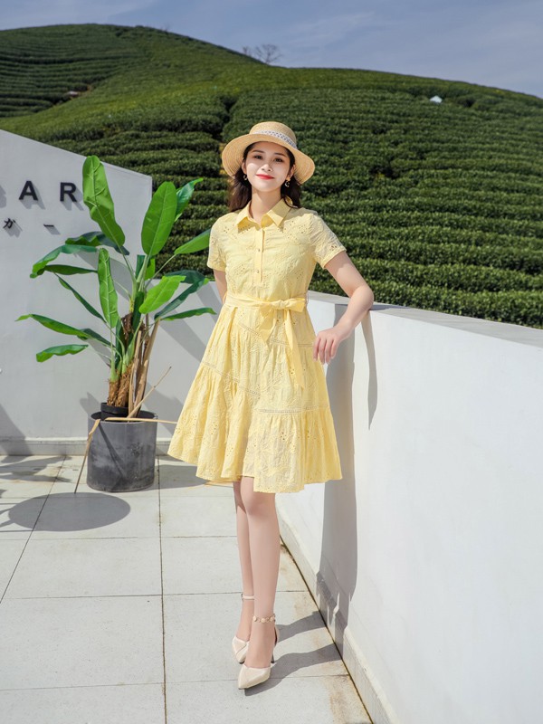 莎融女装2022春夏季黄色衬衫裙