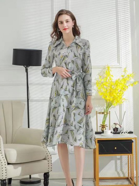 话欧女装2022春夏季灰色连衣裙