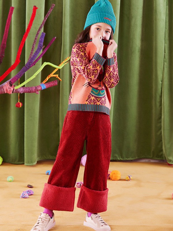 巴巴小镇童装2022秋冬季红色阔腿裤