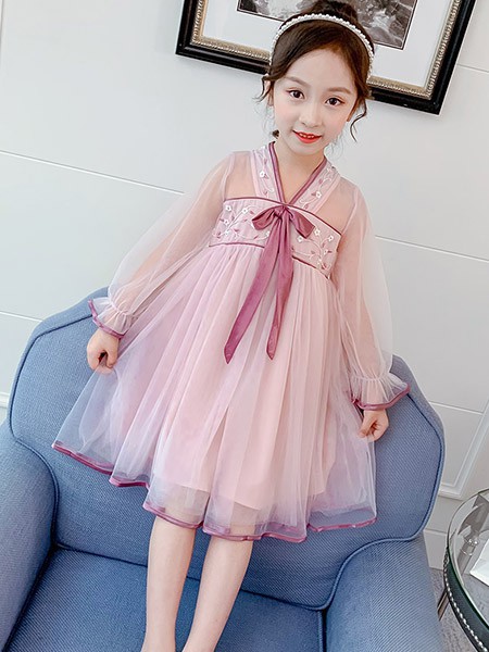 豆巴士Beanbus童装2022春夏季粉色连衣裙