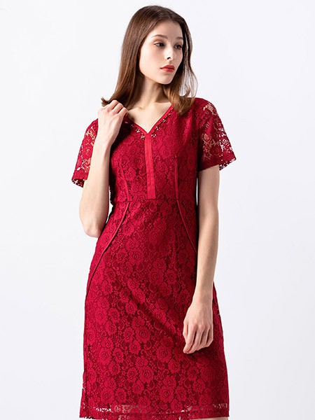 安秀 女装2022春夏季酒红色连衣裙