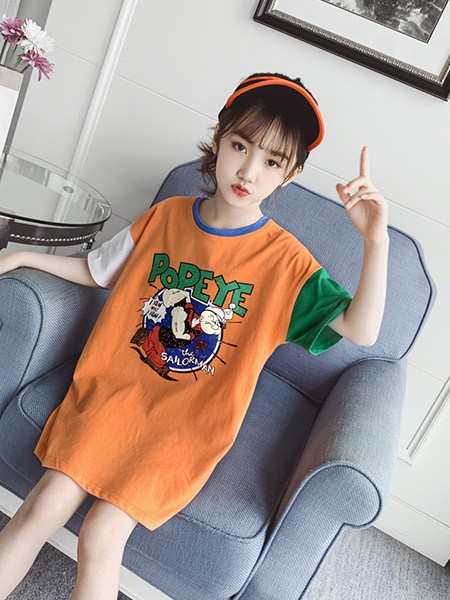 童咖童啡童装2022春夏季橙色连衣裙