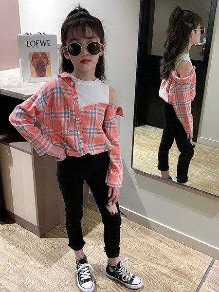 童咖童啡童装2022春夏季粉色衬衫