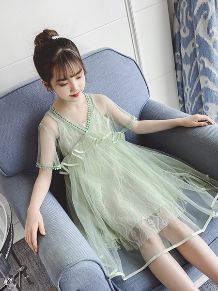 童咖童啡童装2022春夏季绿色连衣裙