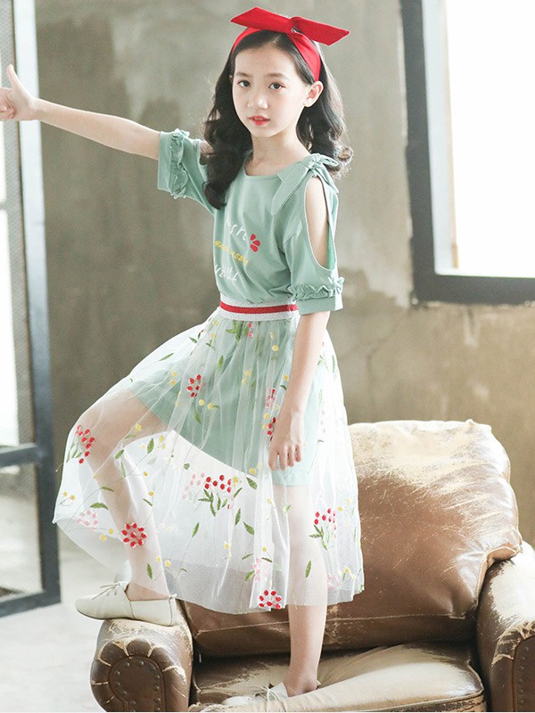 丝丝百合童装2022春夏季绿色连衣裙