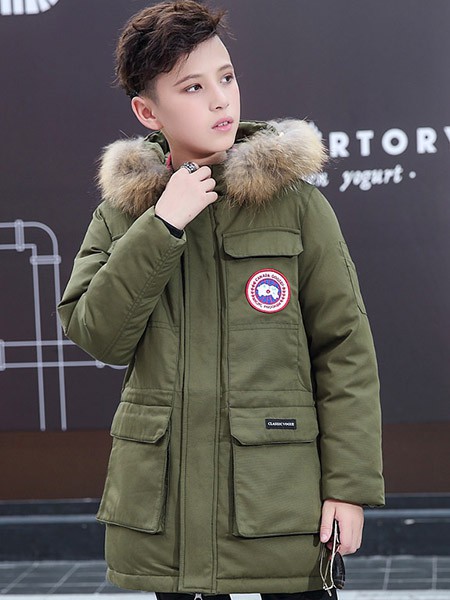 太阳雪人童装2022秋冬季军绿色派克服