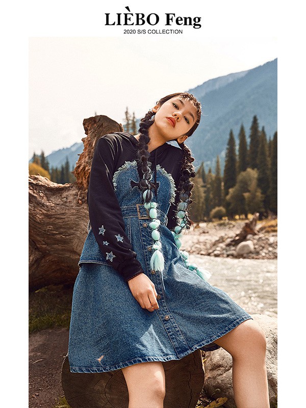 裂帛女装2022秋冬季蓝色连衣裙