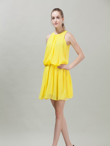 优雅时光2022春夏季黄色连衣裙