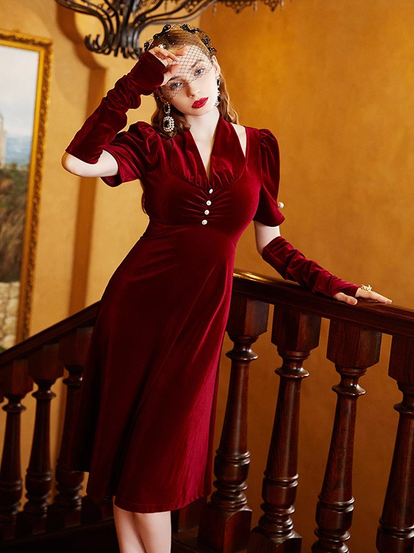 ZRAU女装2022秋冬季酒红色连衣裙