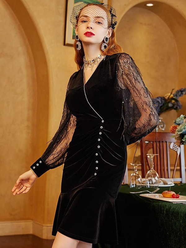 ZRAU女装2022秋冬季黑色连衣裙