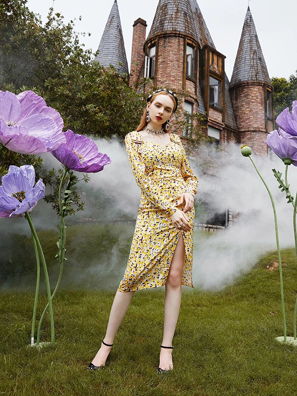 ZRAU女装2022秋冬季黄色连衣裙