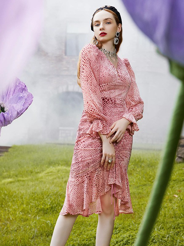 ZRAU女装2022秋冬季粉色连衣裙