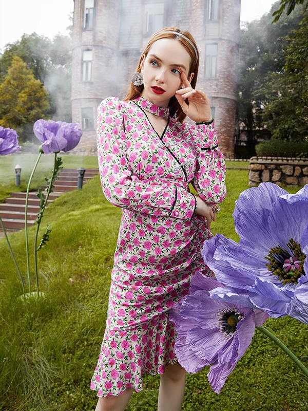 ZRAU女装2022秋冬季粉色连衣裙