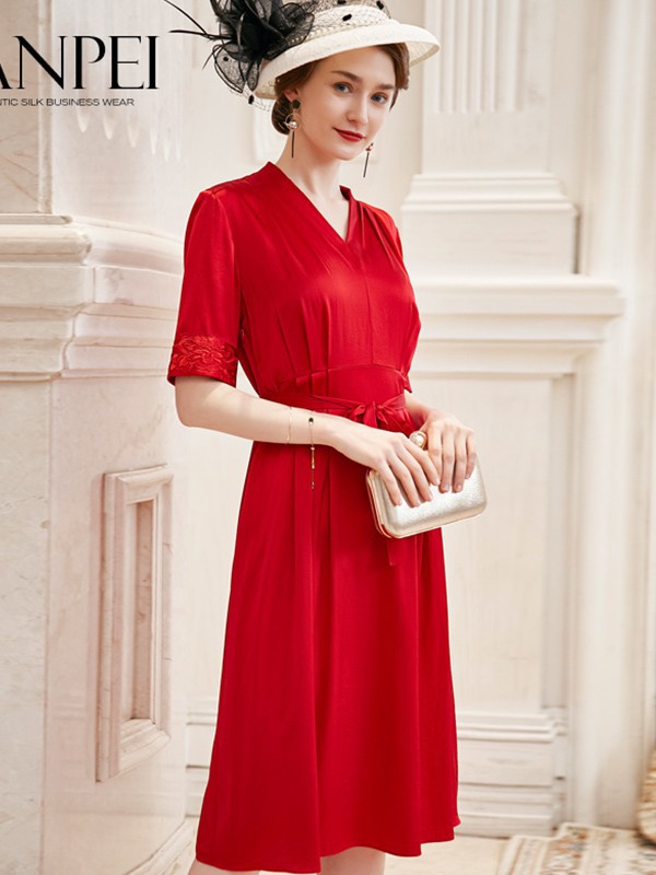 兰佩女装2022春夏季红色连衣裙